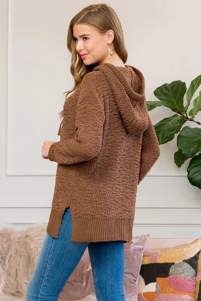 Popcorn Rib Detail Hooded Pullover