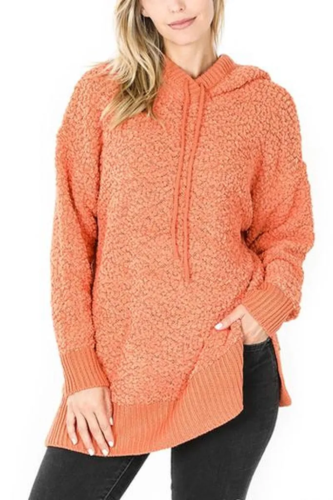 Popcorn Rib Detail Hooded Pullover