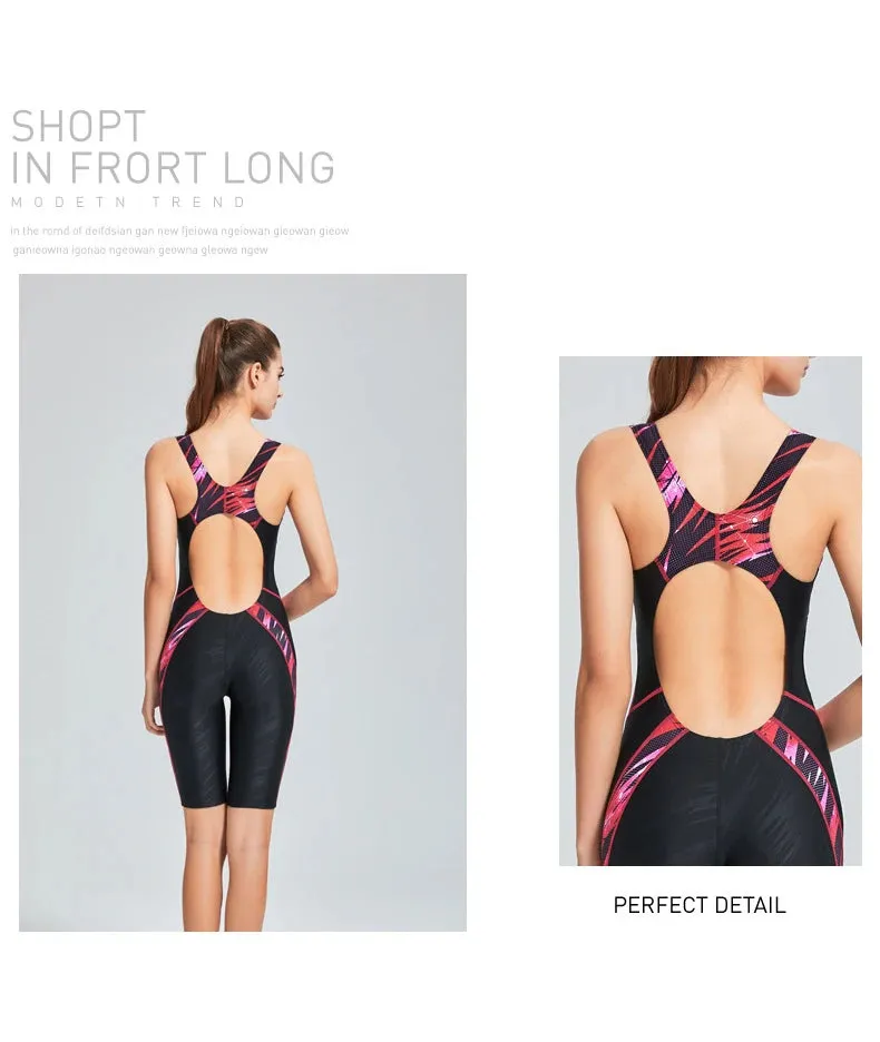 Quick Dry Swimwear Professional Knee Length Round Neck Swimsuit Women One Piece Sport Bathing Suit Rash guard Surf Plus Size