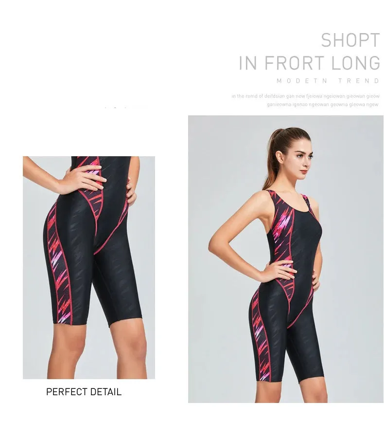 Quick Dry Swimwear Professional Knee Length Round Neck Swimsuit Women One Piece Sport Bathing Suit Rash guard Surf Plus Size