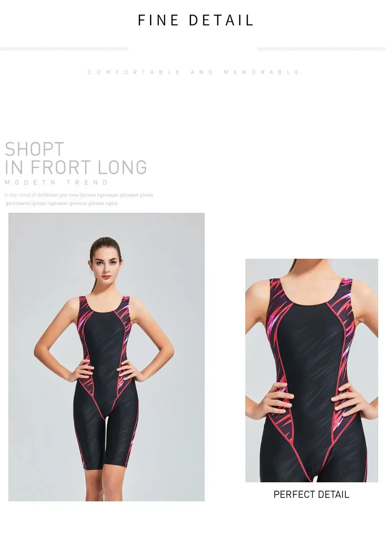 Quick Dry Swimwear Professional Knee Length Round Neck Swimsuit Women One Piece Sport Bathing Suit Rash guard Surf Plus Size