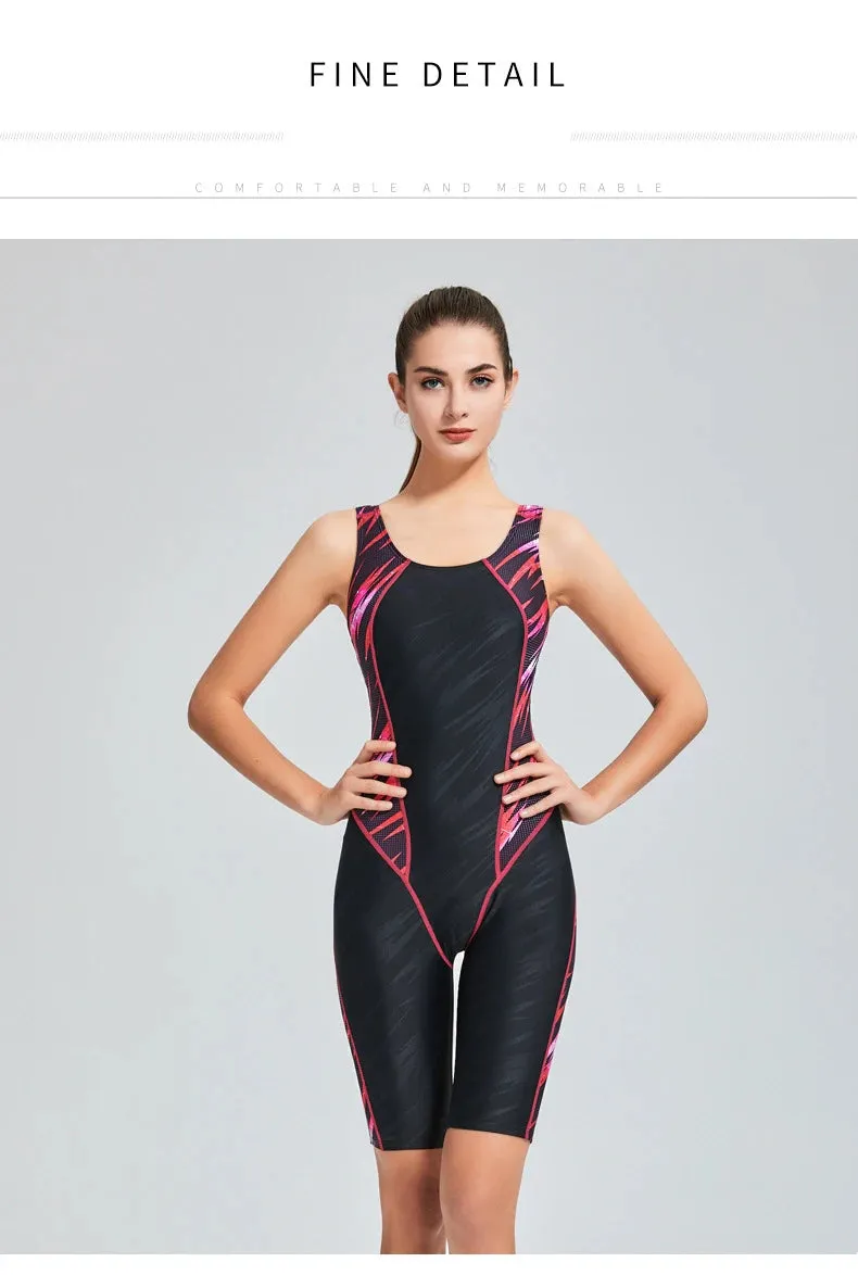 Quick Dry Swimwear Professional Knee Length Round Neck Swimsuit Women One Piece Sport Bathing Suit Rash guard Surf Plus Size