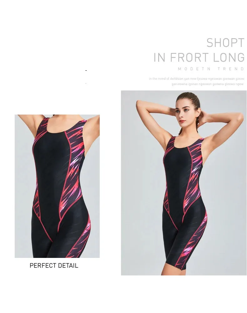 Quick Dry Swimwear Professional Knee Length Round Neck Swimsuit Women One Piece Sport Bathing Suit Rash guard Surf Plus Size