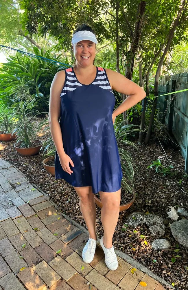 Racer Back Rashie Dress nautical navy and flamingo pink