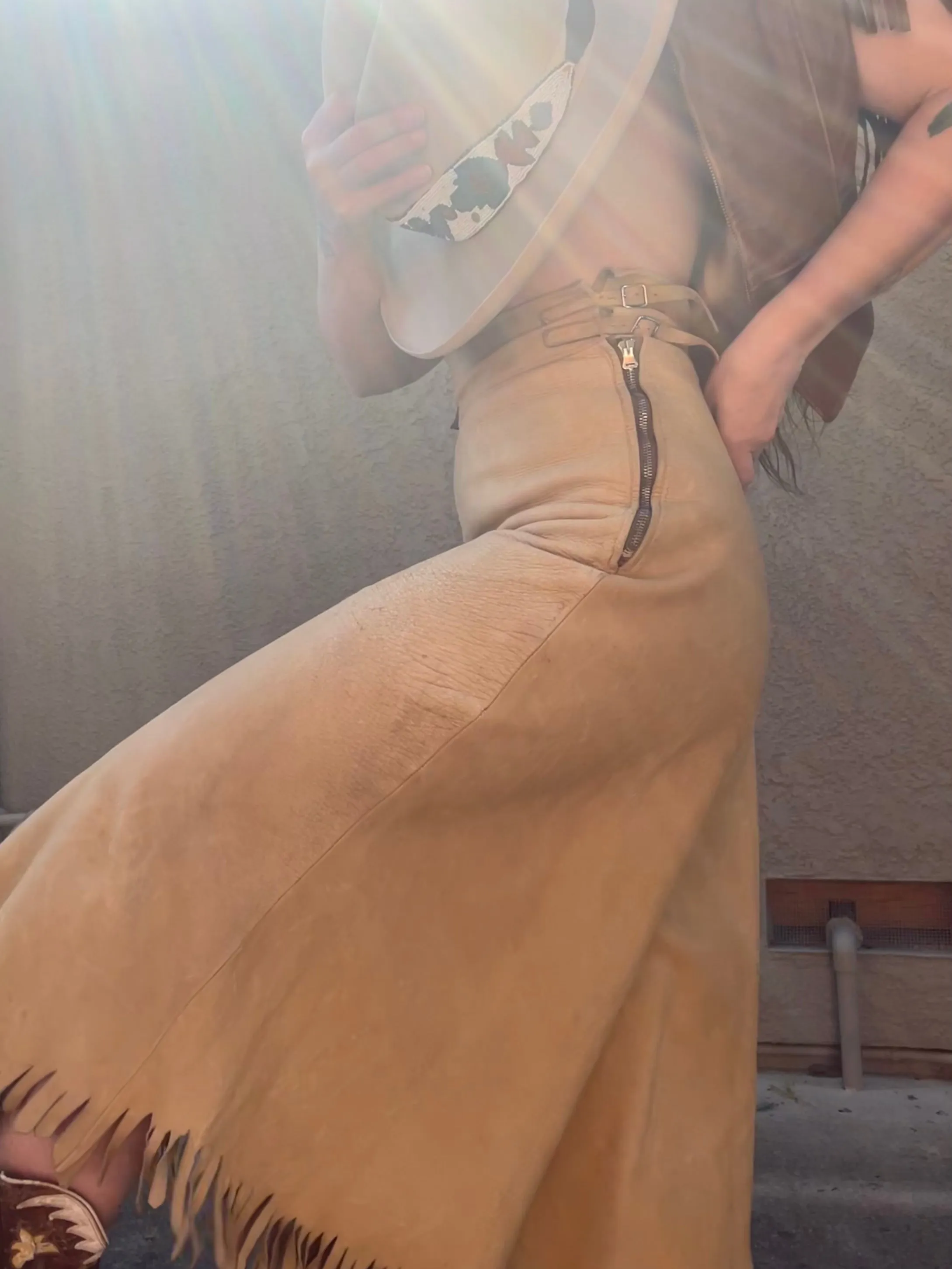 Rare 1930s Double Buckle Side Zip Leather Cowgirl Fringe Split Skirt