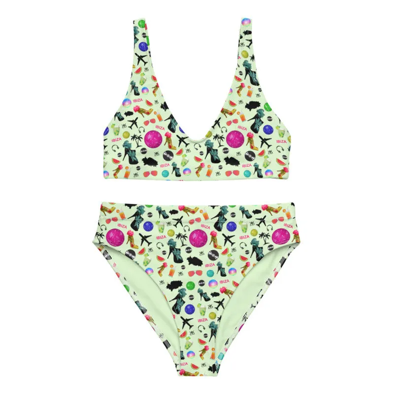 Recycled high-waisted bikini Green 'Ibiza disco'