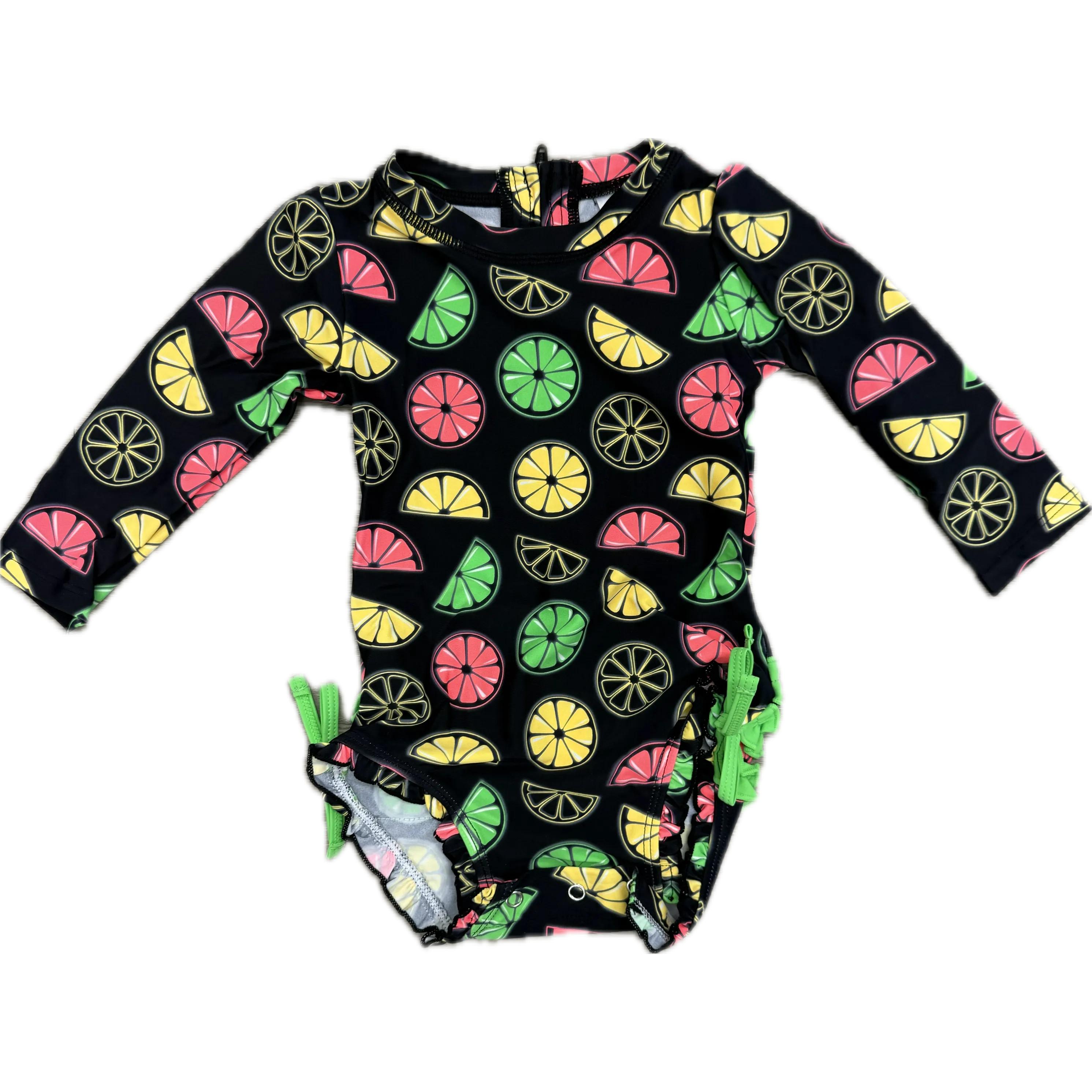RuffleButts Long Sleeve Neon Black Citrus One Piece Rash Guard
