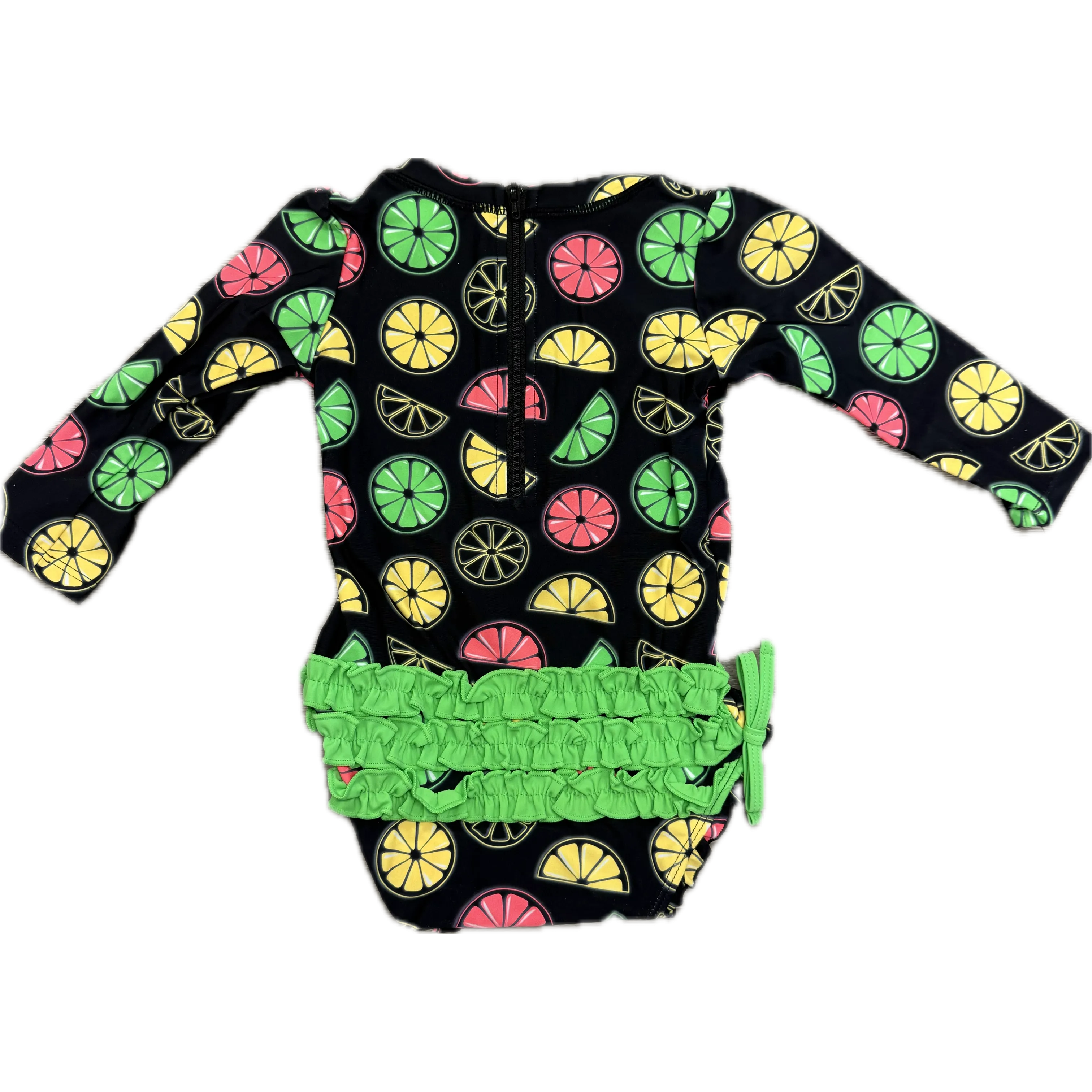 RuffleButts Long Sleeve Neon Black Citrus One Piece Rash Guard