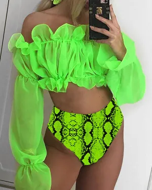Ruffled Off Shoulder Long Sleeves High Waisted Animal Print Bikini Sets