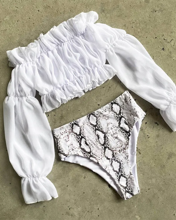Ruffled Off Shoulder Long Sleeves High Waisted Animal Print Bikini Sets