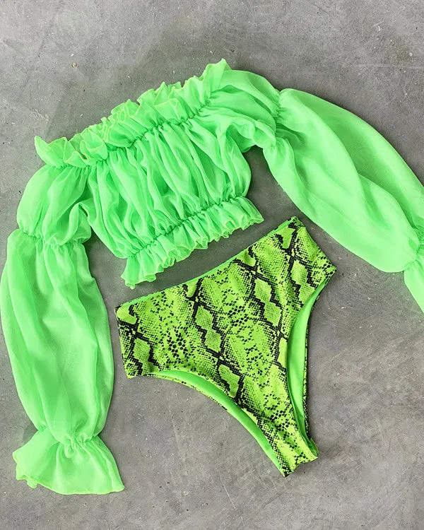 Ruffled Off Shoulder Long Sleeves High Waisted Animal Print Bikini Sets