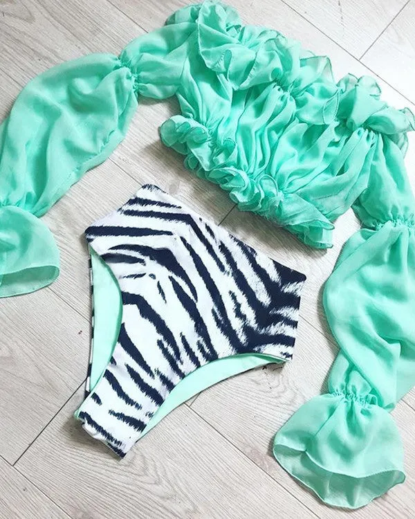 Ruffled Off Shoulder Long Sleeves High Waisted Animal Print Bikini Sets
