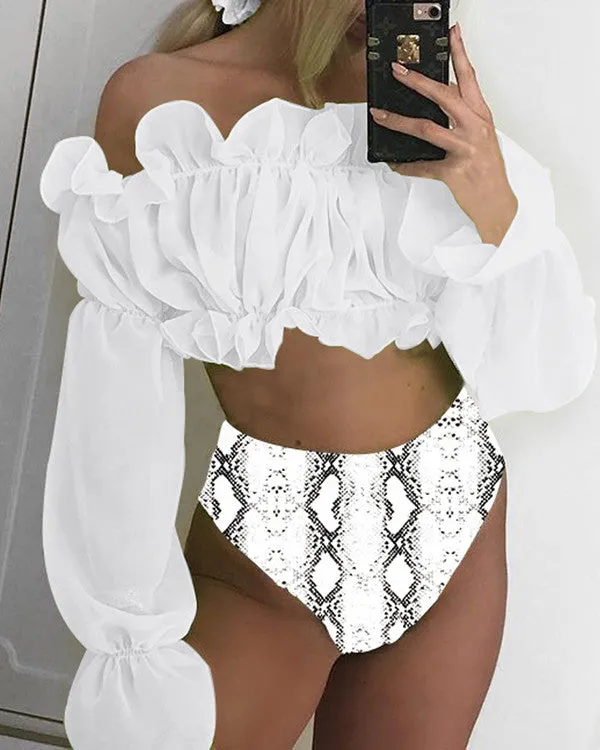 Ruffled Off Shoulder Long Sleeves High Waisted Animal Print Bikini Sets