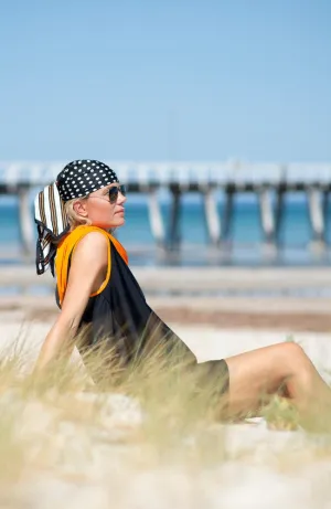 Shoulder Shrug Rashie Dress black and white with popsicle orange