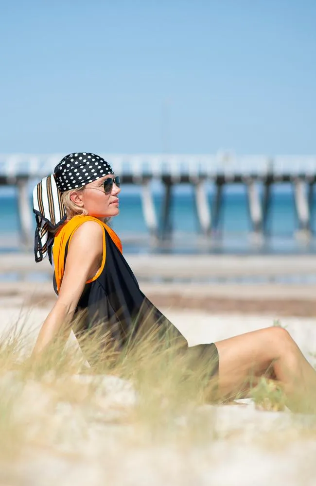 Shoulder Shrug Rashie Dress black and white with popsicle orange