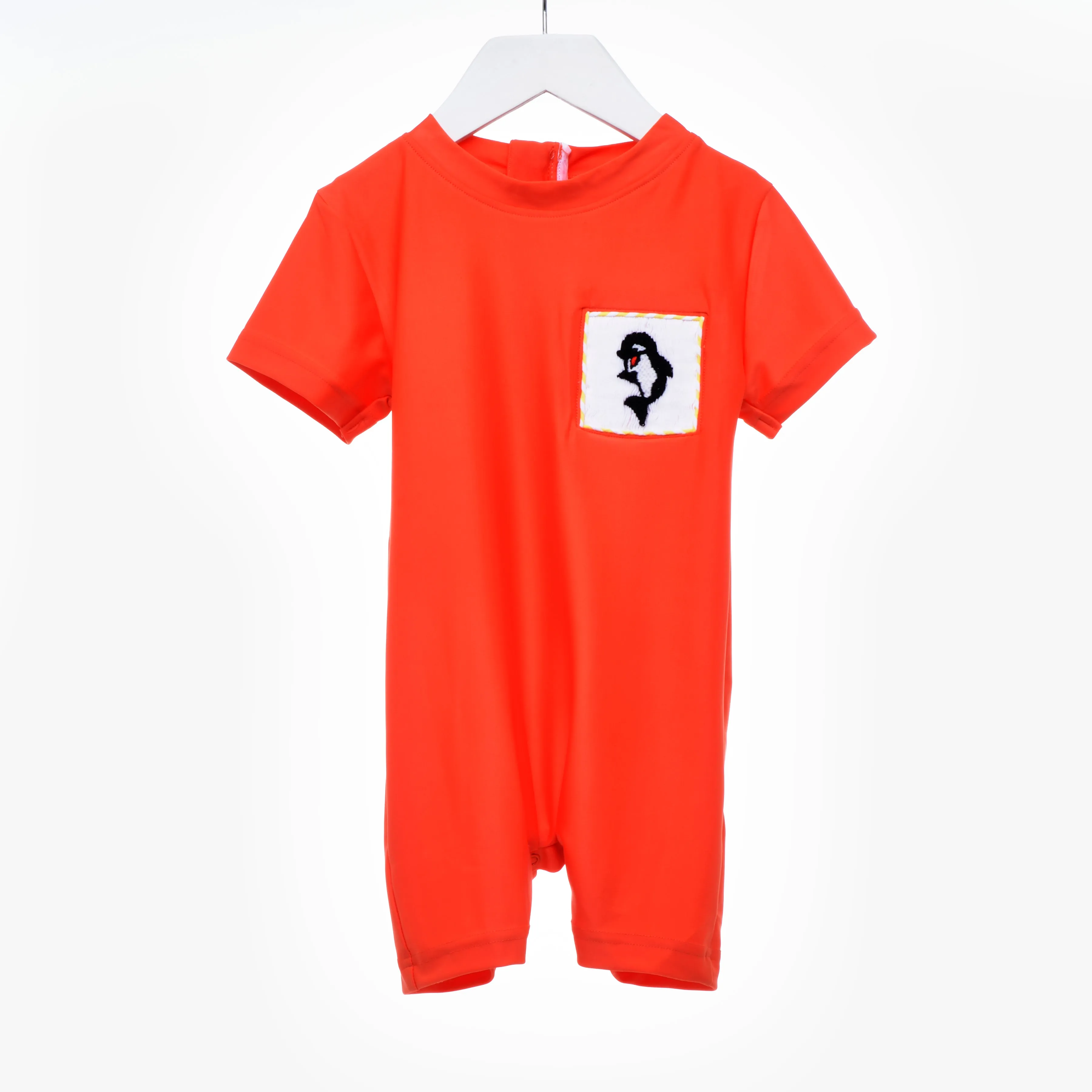 Smocked Tangerine Whale Boys Swimsuit with Poppers - Rash Guard SPF Protected (6M-4Yrs)