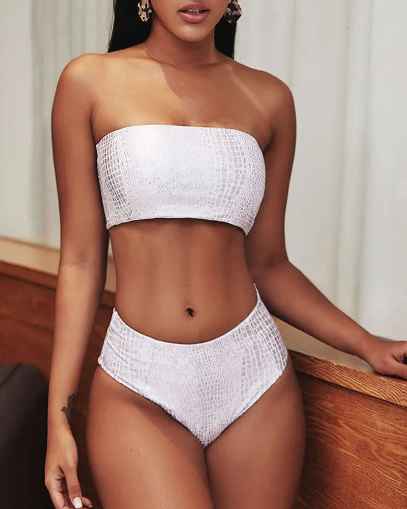 Snakeskin Fabric Bandeau High Waisted Bikini Sets