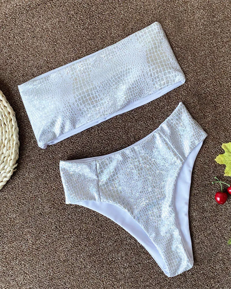 Snakeskin Fabric Bandeau High Waisted Bikini Sets