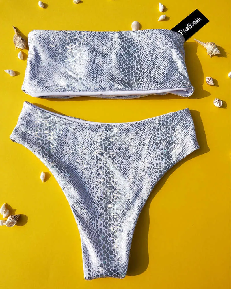 Snakeskin Fabric Bandeau High Waisted Bikini Sets