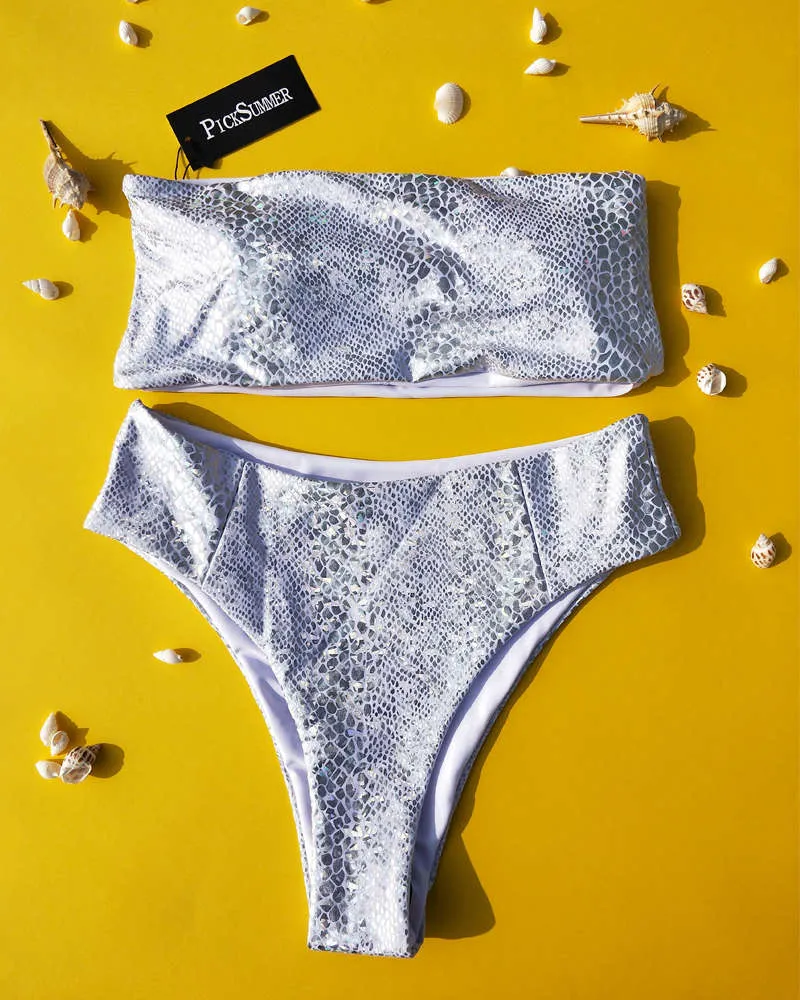 Snakeskin Fabric Bandeau High Waisted Bikini Sets