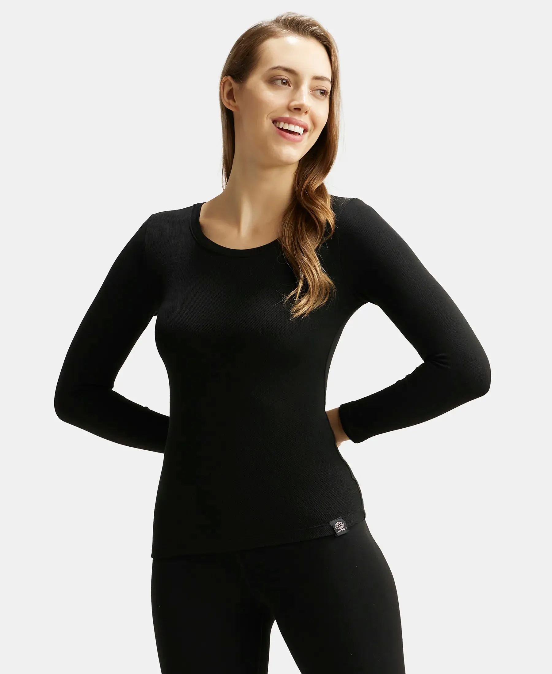 Soft Touch Microfiber Elastane Stretch Fleece Fabric Full Sleeve Thermal Top with StayWarm Technology - Black
