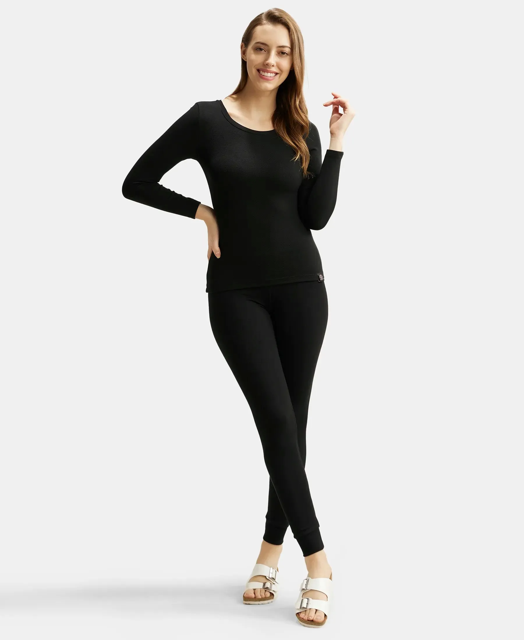 Soft Touch Microfiber Elastane Stretch Fleece Fabric Full Sleeve Thermal Top with StayWarm Technology - Black