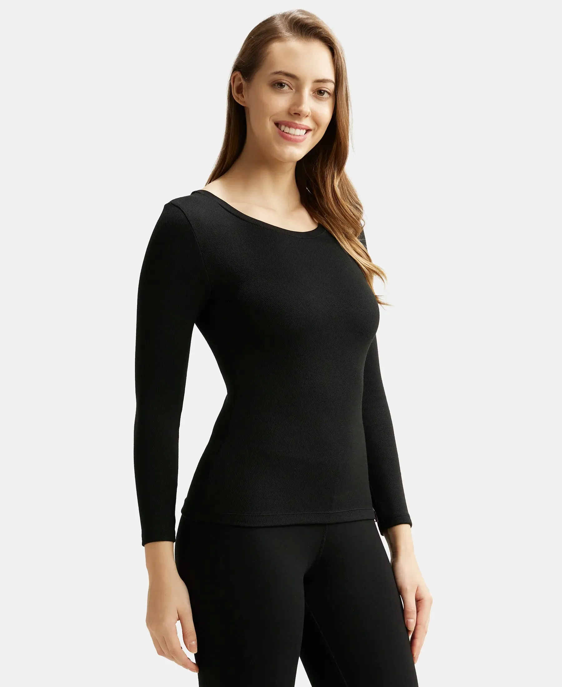 Soft Touch Microfiber Elastane Stretch Fleece Fabric Full Sleeve Thermal Top with StayWarm Technology - Black
