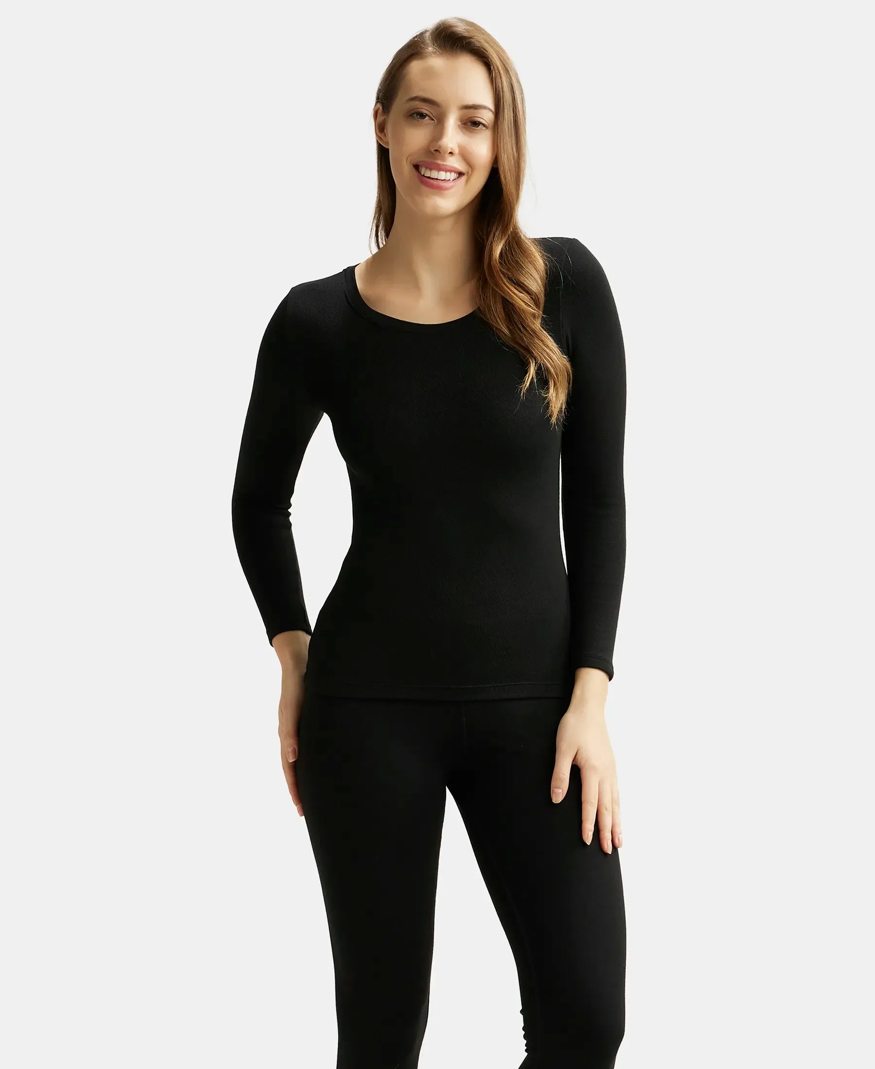 Soft Touch Microfiber Elastane Stretch Fleece Fabric Full Sleeve Thermal Top with StayWarm Technology - Black
