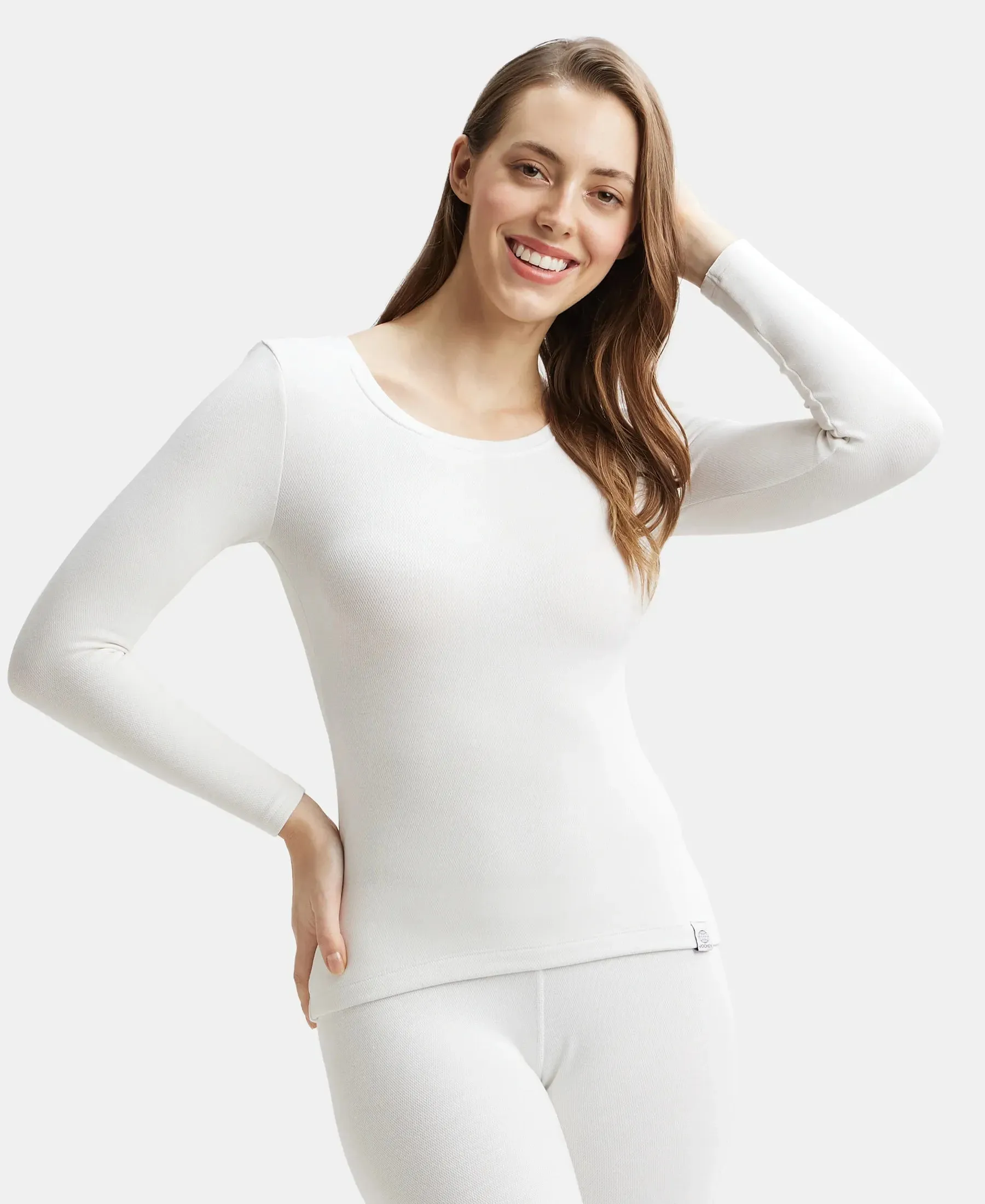 Soft Touch Microfiber Elastane Stretch Fleece Fabric Full Sleeve Thermal Top with StayWarm Technology - Light Bright White
