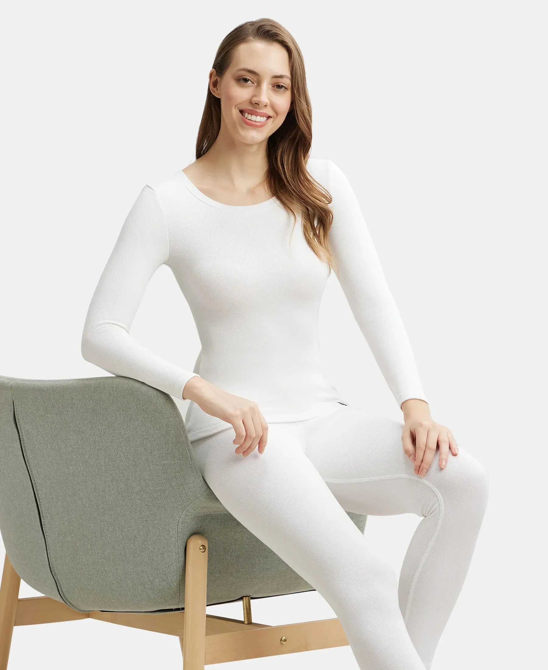 Soft Touch Microfiber Elastane Stretch Fleece Fabric Full Sleeve Thermal Top with StayWarm Technology - Light Bright White