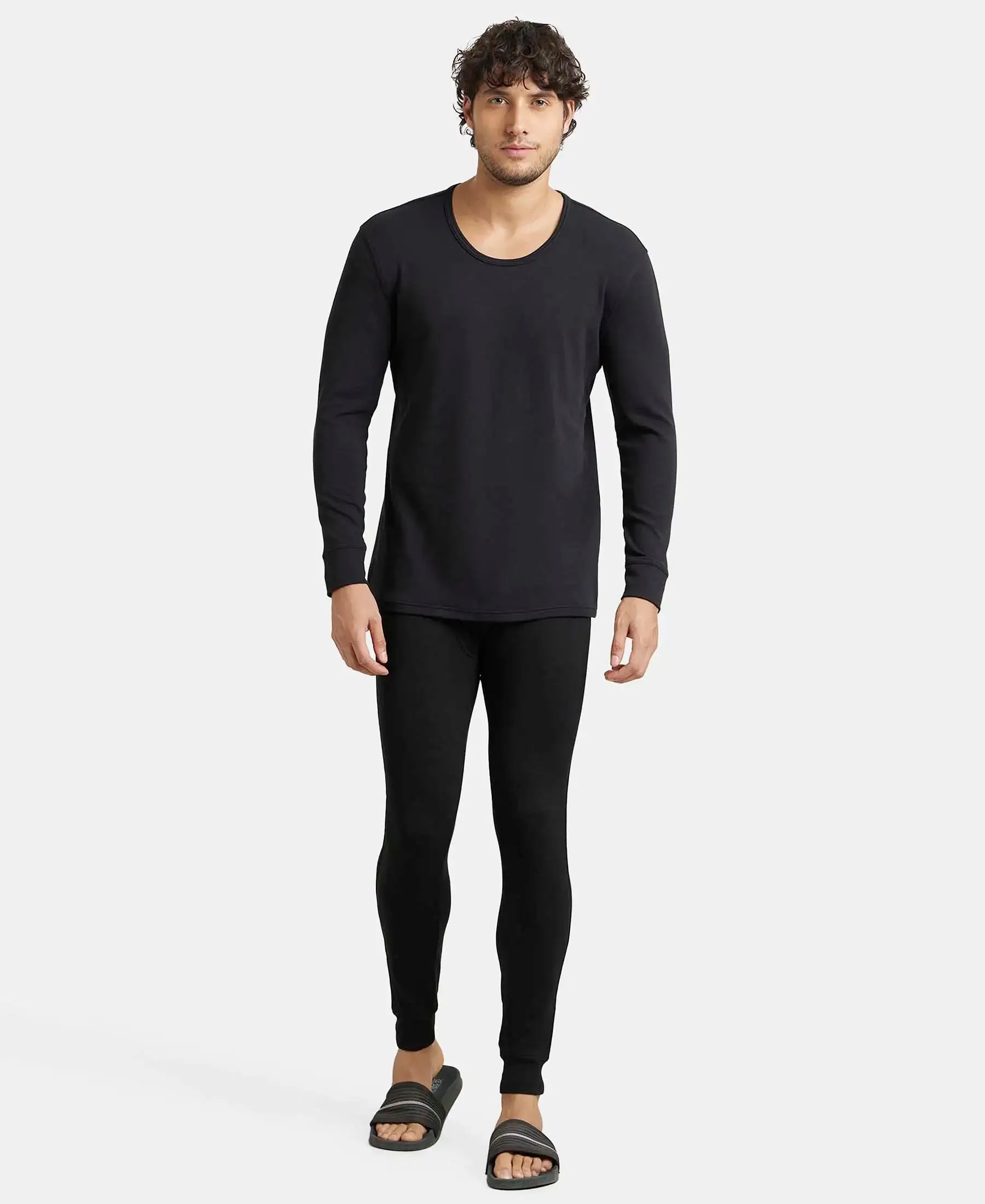 Soft Touch Microfiber Elastane Stretch Fleece Fabric Full Sleeve Thermal Undershirt with StayWarm Technology - Black