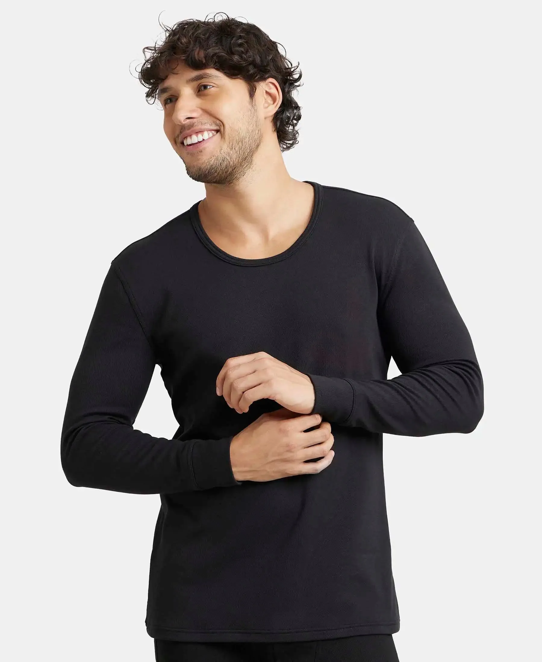 Soft Touch Microfiber Elastane Stretch Fleece Fabric Full Sleeve Thermal Undershirt with StayWarm Technology - Black