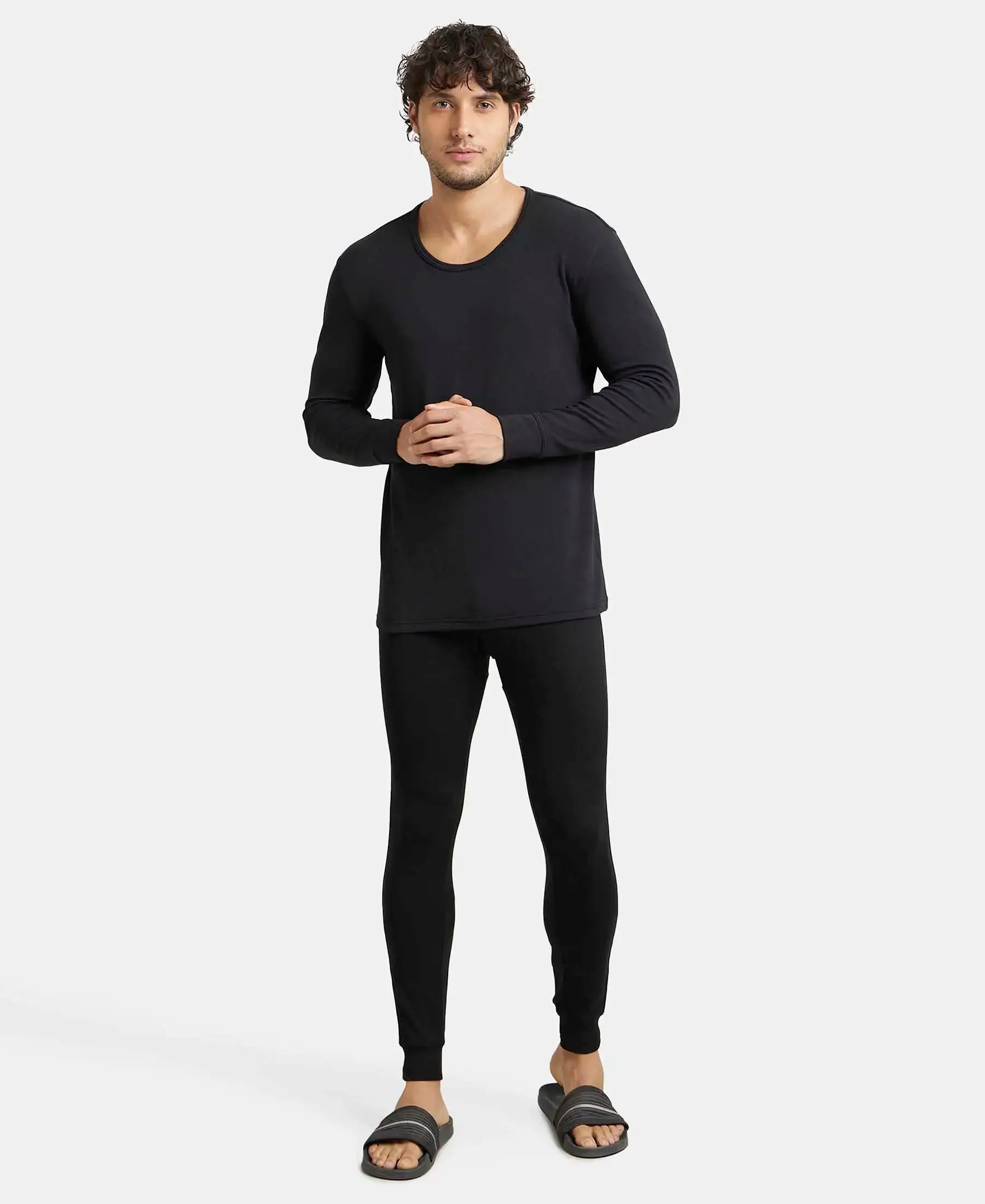 Soft Touch Microfiber Elastane Stretch Fleece Fabric Full Sleeve Thermal Undershirt with StayWarm Technology - Black