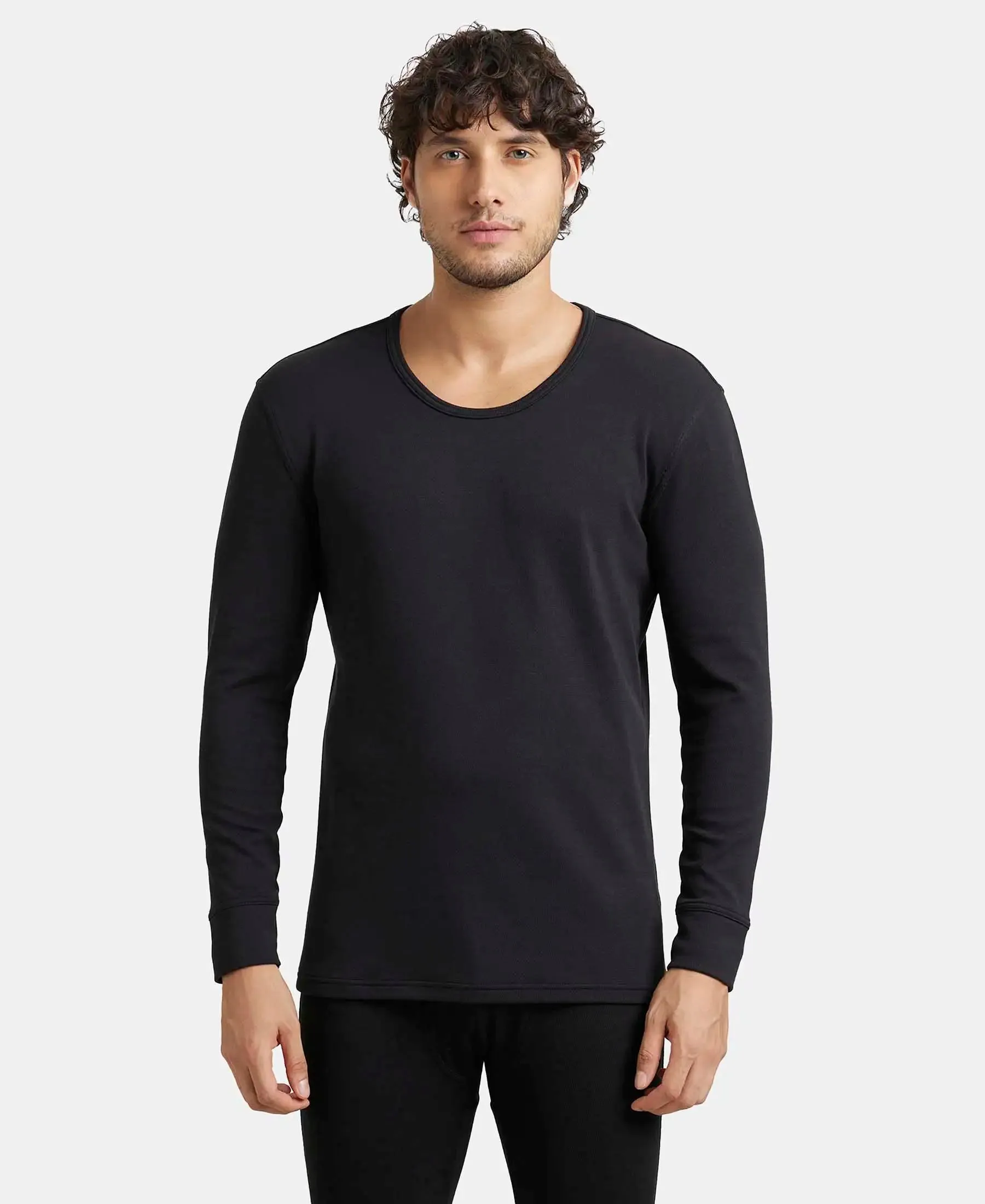 Soft Touch Microfiber Elastane Stretch Fleece Fabric Full Sleeve Thermal Undershirt with StayWarm Technology - Black