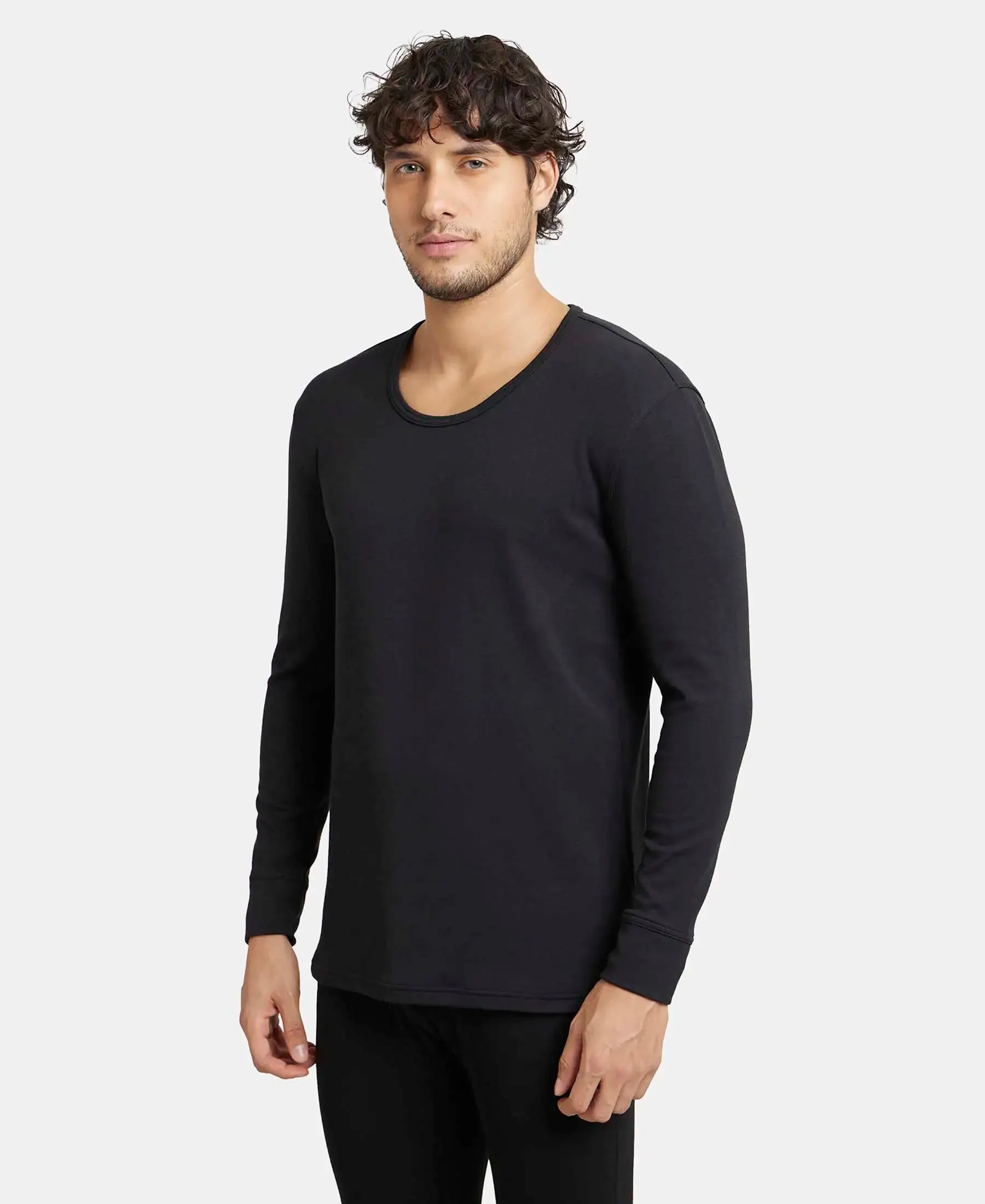 Soft Touch Microfiber Elastane Stretch Fleece Fabric Full Sleeve Thermal Undershirt with StayWarm Technology - Black