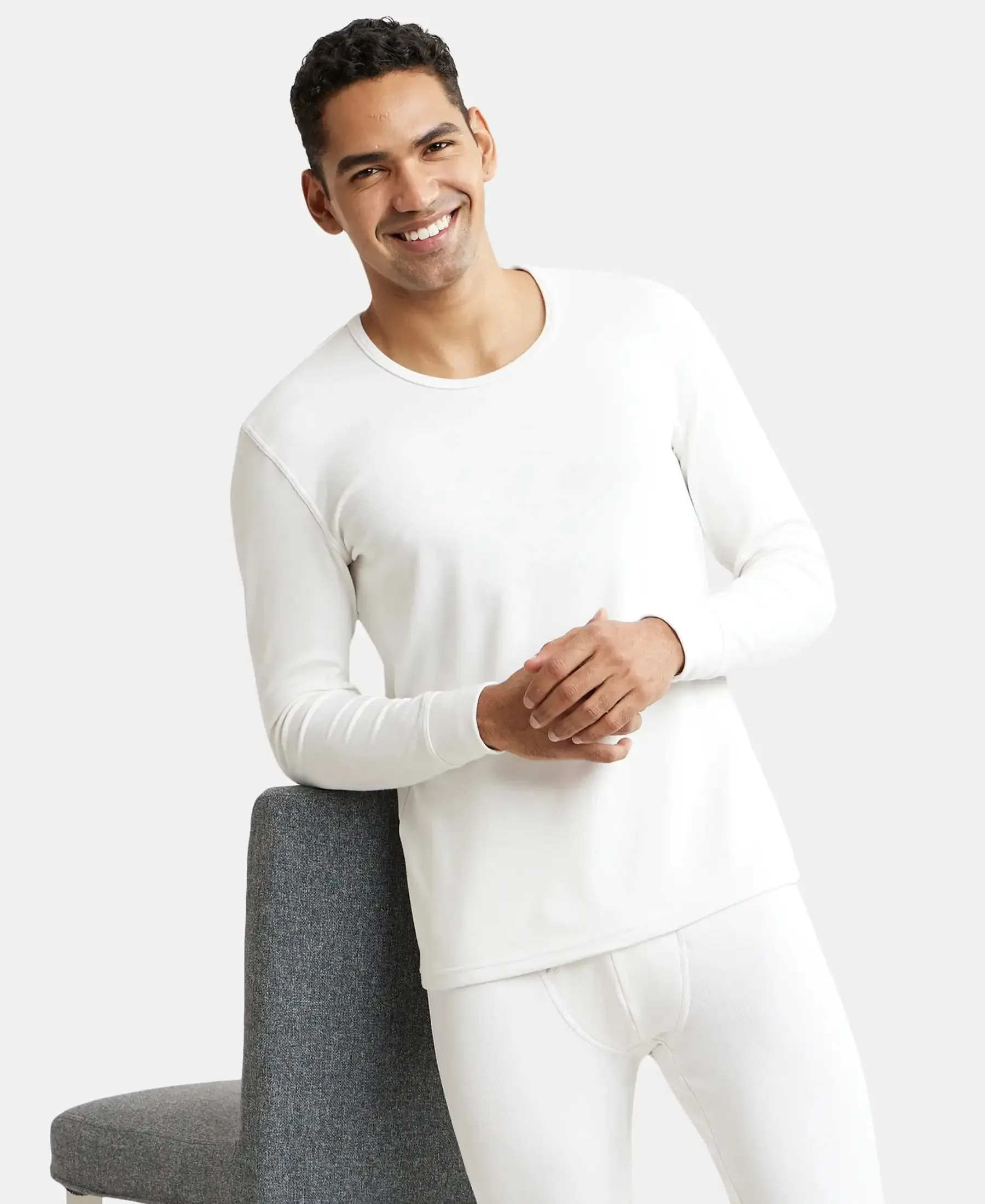 Soft Touch Microfiber Elastane Stretch Fleece Fabric Full Sleeve Thermal Undershirt with StayWarm Technology - Light Bright White