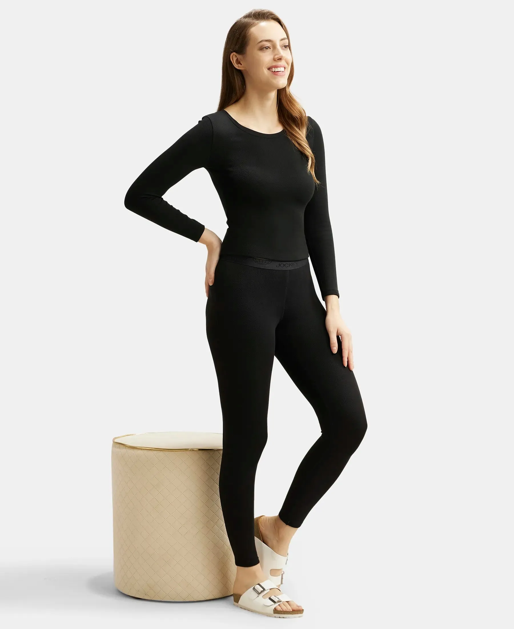 Soft Touch Microfiber Elastane Stretch Fleece Fabric Thermal Leggings with StayWarm Technology - Black