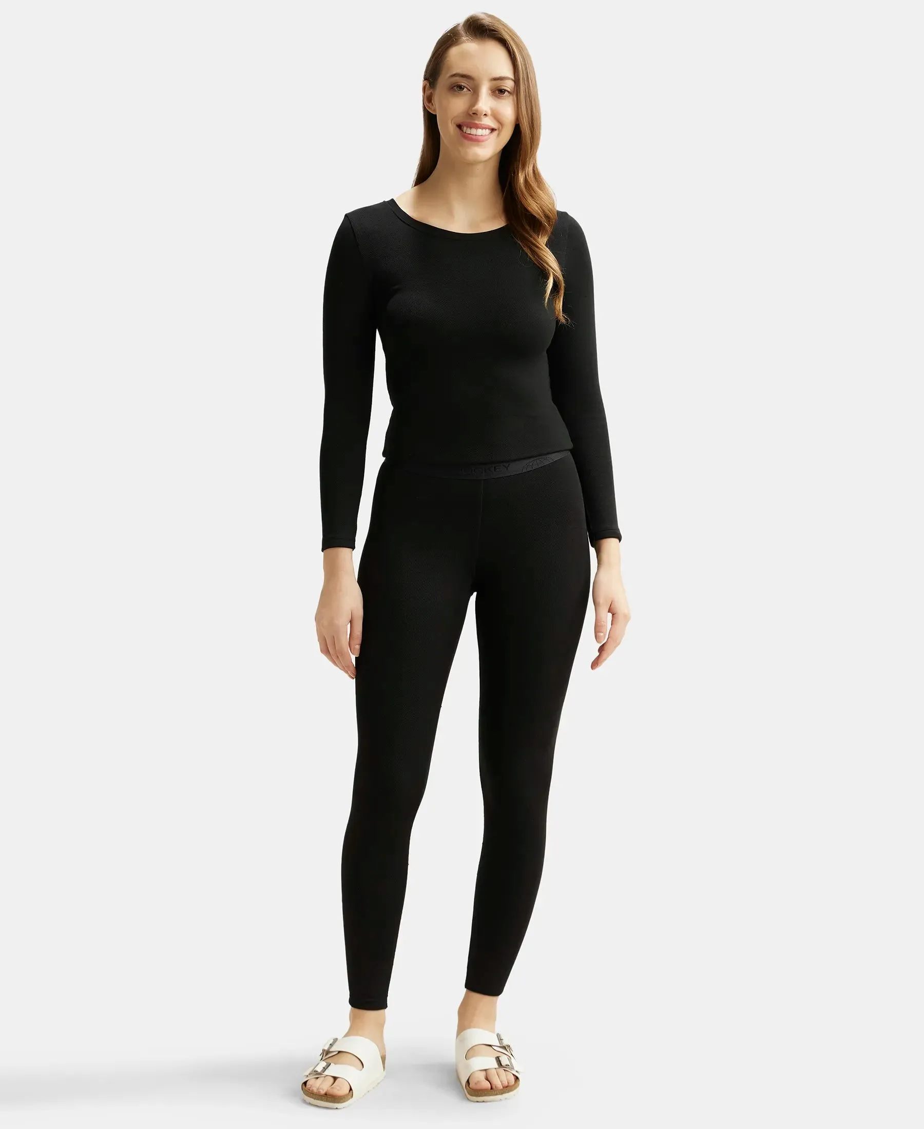 Soft Touch Microfiber Elastane Stretch Fleece Fabric Thermal Leggings with StayWarm Technology - Black