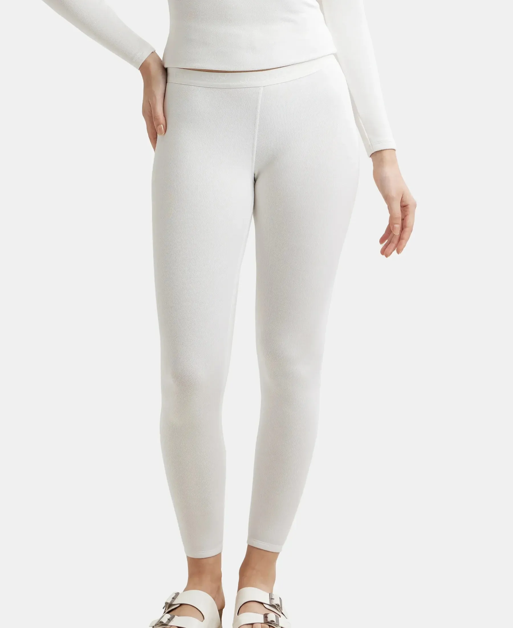 Soft Touch Microfiber Elastane Stretch Fleece Fabric Thermal Leggings with StayWarm Technology - Light Bright White