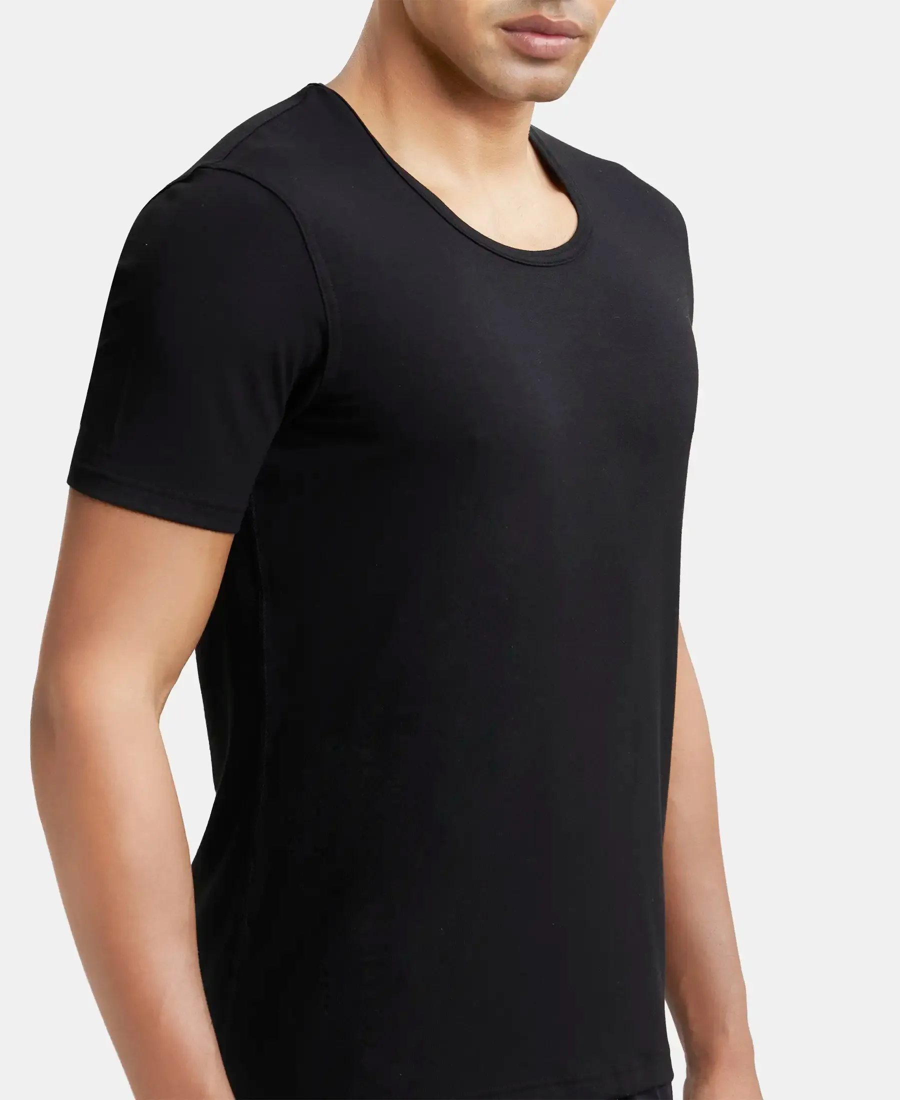 Soft Touch Microfiber Elastane Stretch Half Sleeve Thermal Undershirt with StayWarm Technology - Black