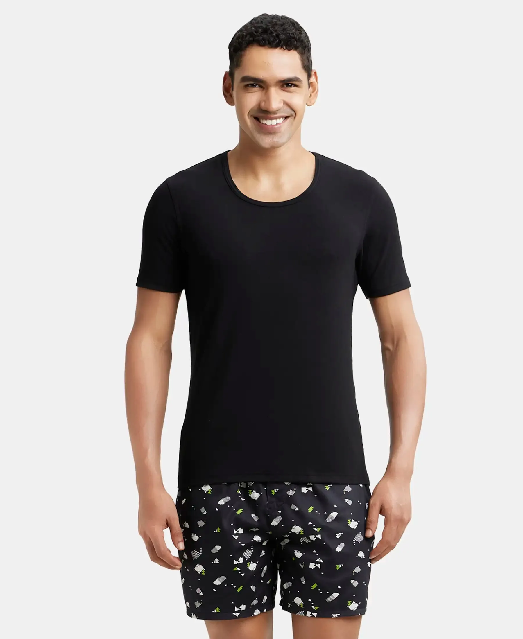 Soft Touch Microfiber Elastane Stretch Half Sleeve Thermal Undershirt with StayWarm Technology - Black