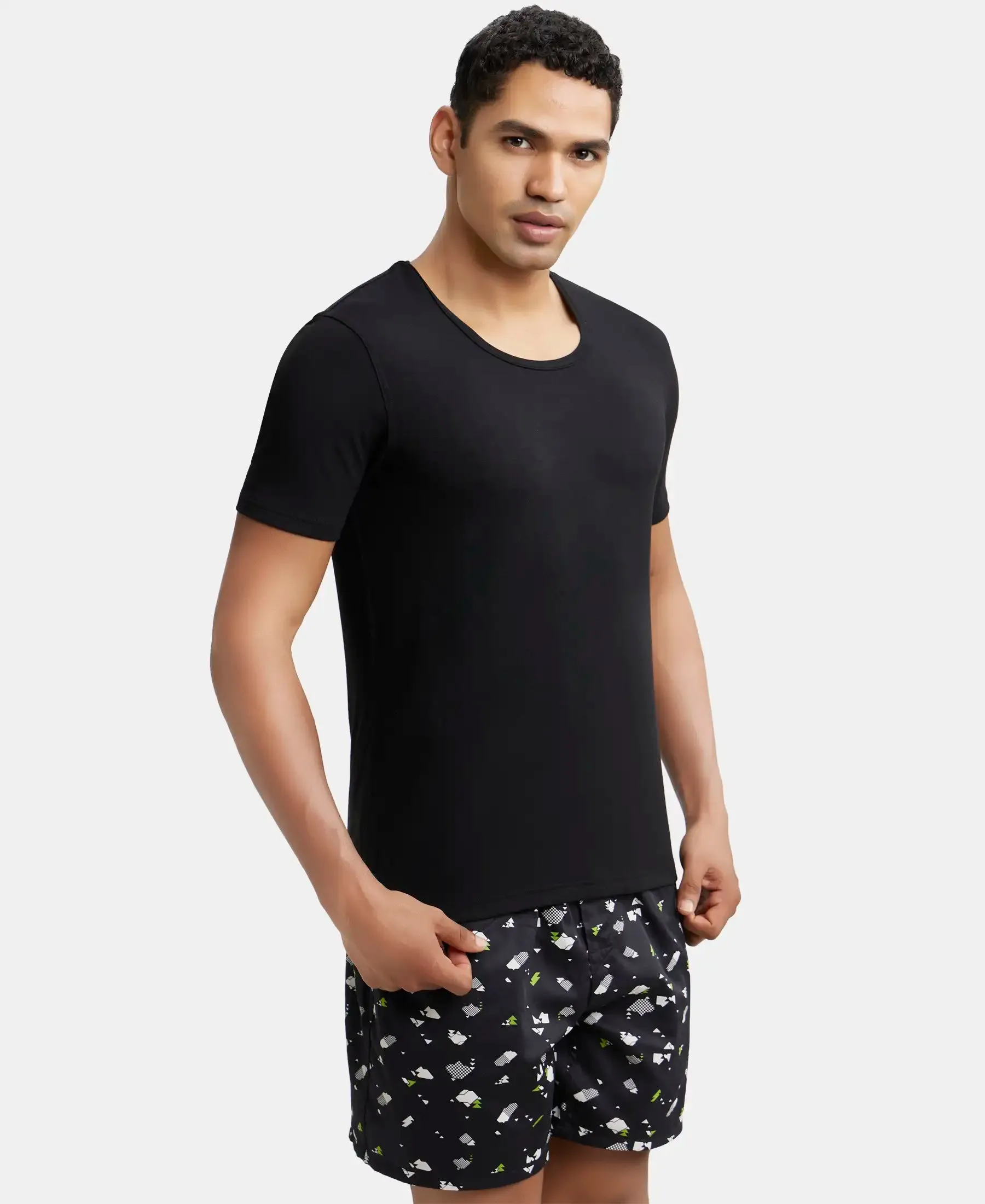 Soft Touch Microfiber Elastane Stretch Half Sleeve Thermal Undershirt with StayWarm Technology - Black