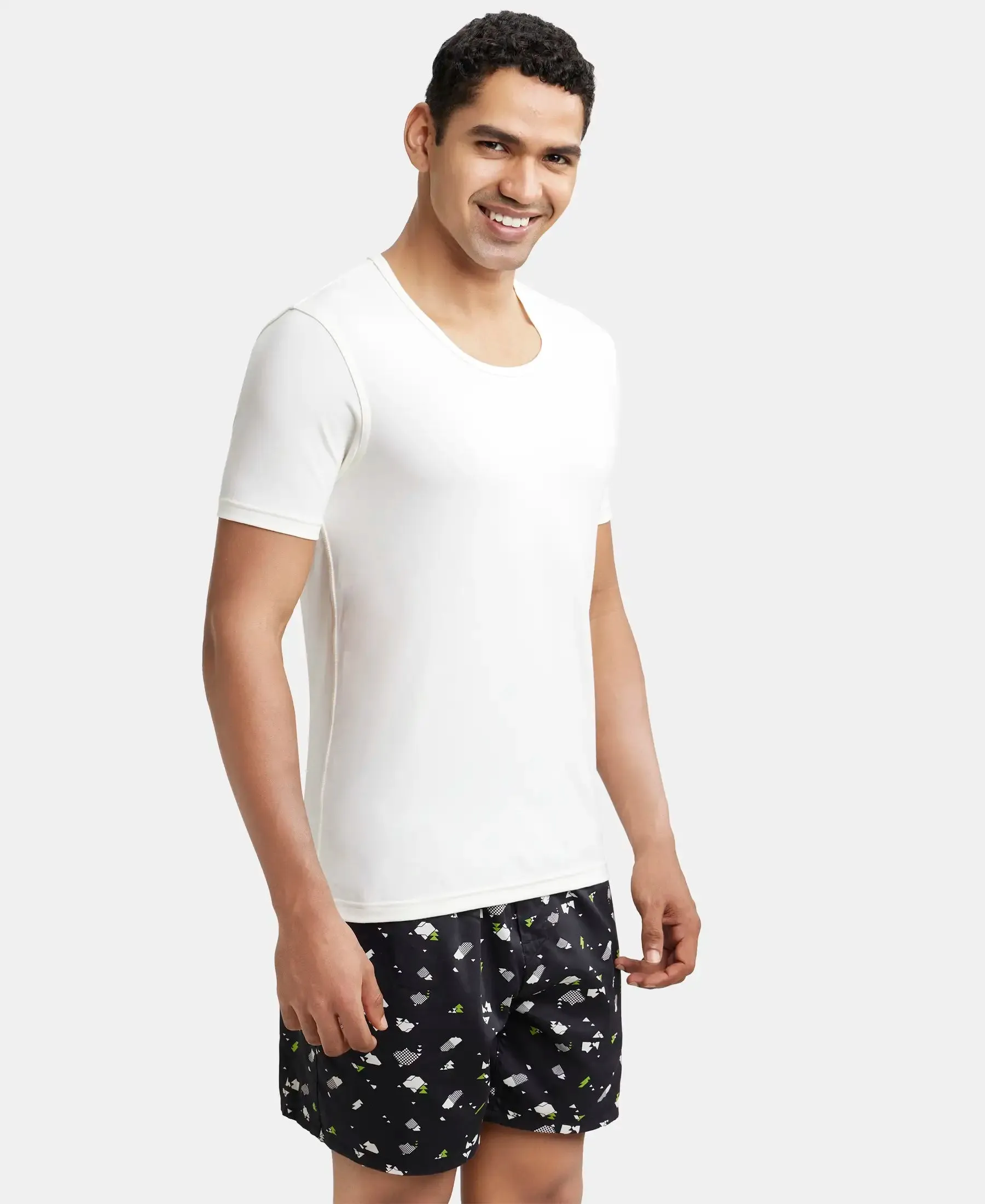 Soft Touch Microfiber Elastane Stretch Half Sleeve Thermal Undershirt with StayWarm Technology - Winter White