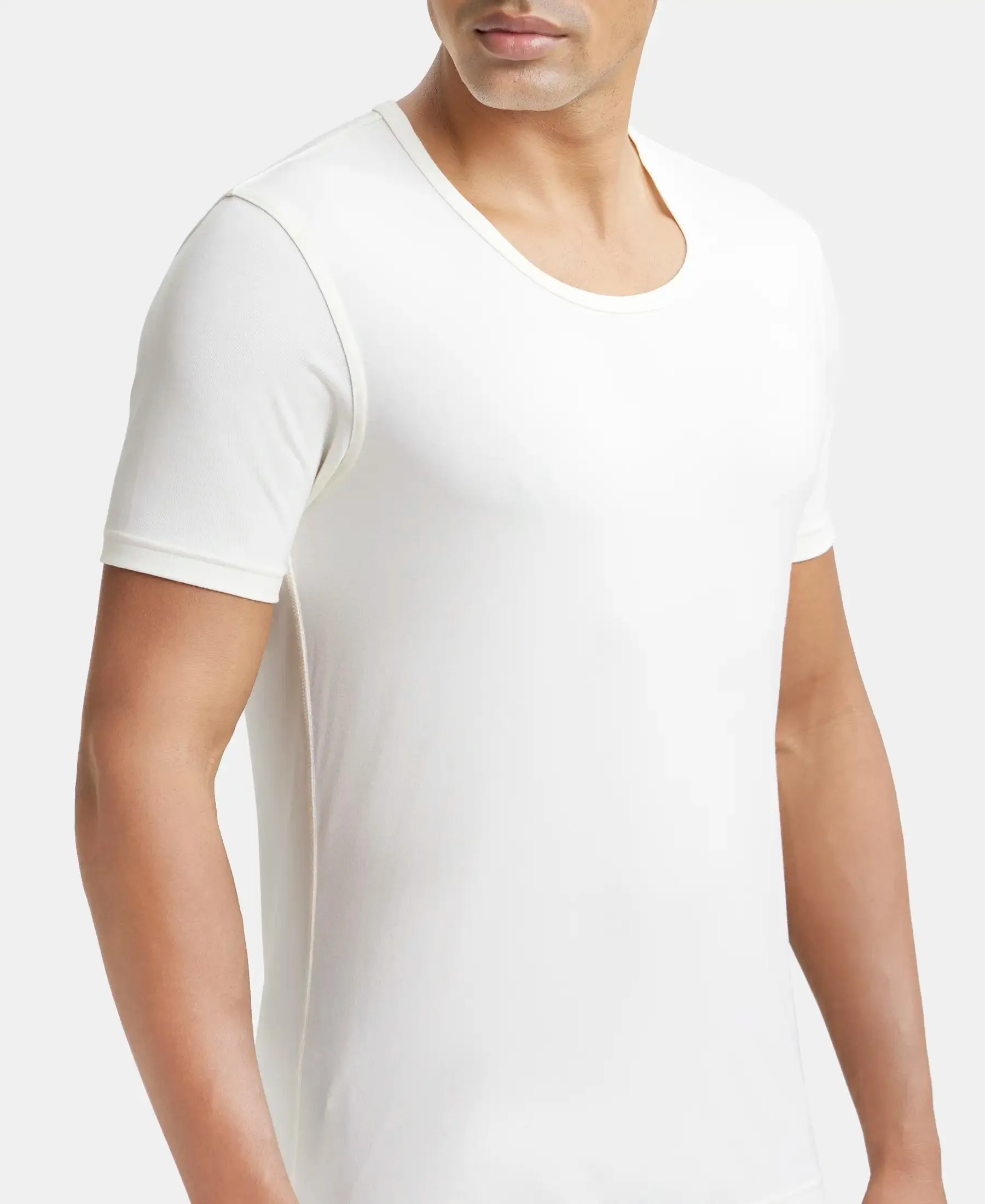 Soft Touch Microfiber Elastane Stretch Half Sleeve Thermal Undershirt with StayWarm Technology - Winter White