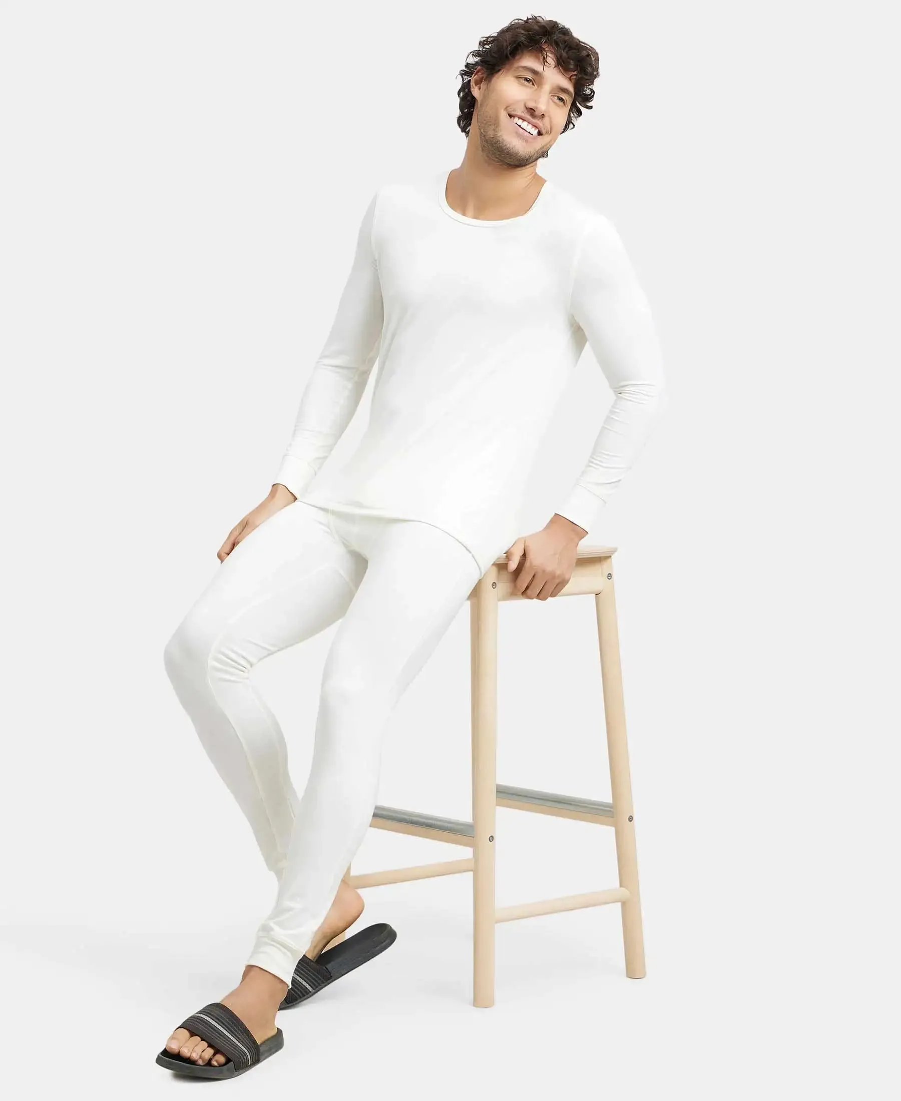 Soft Touch Microfiber Elastane Stretch Thermal Long Johns with StayWarm Technology - White