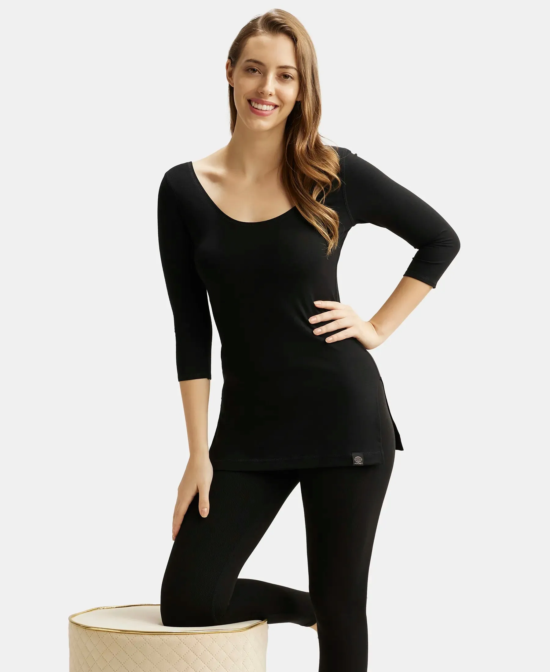 Soft Touch Microfiber Elastane Stretch Three Quarter Sleeve Thermal Top with StayWarm Technology - Black