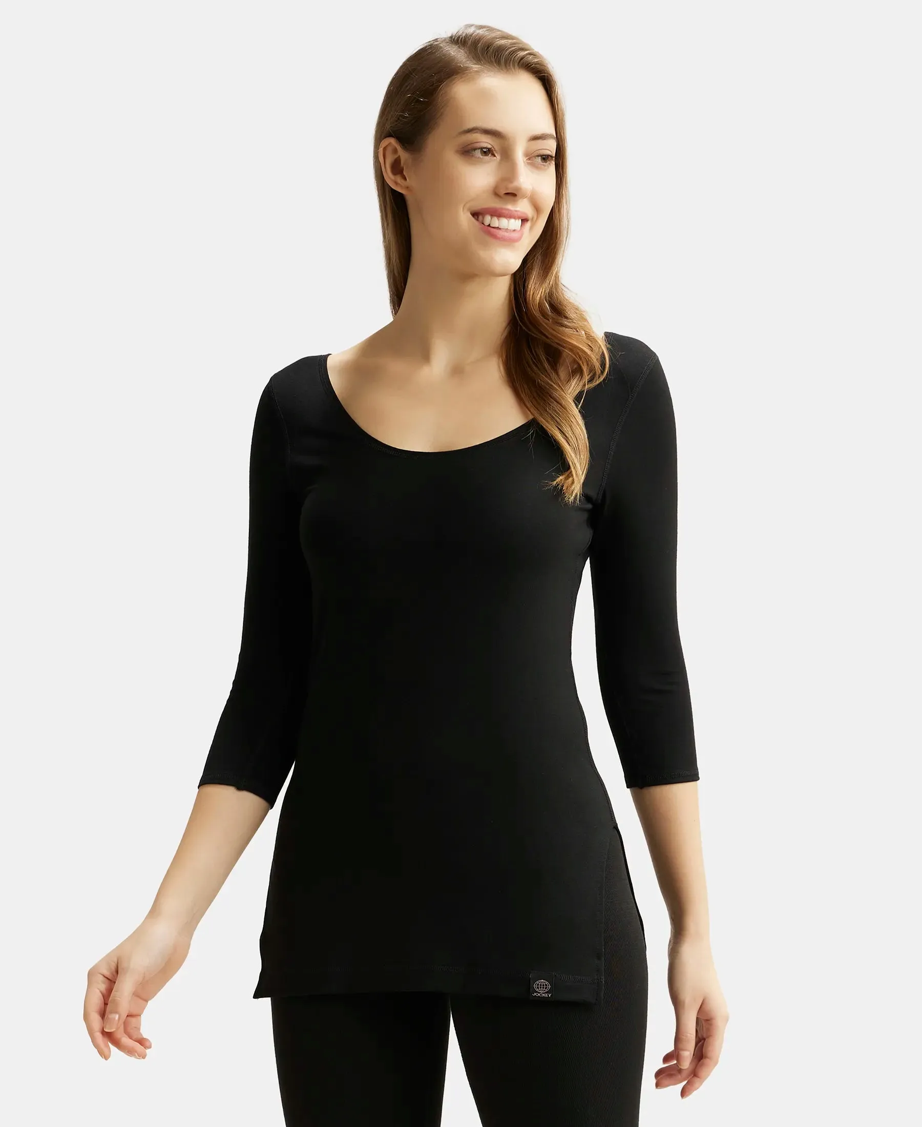 Soft Touch Microfiber Elastane Stretch Three Quarter Sleeve Thermal Top with StayWarm Technology - Black