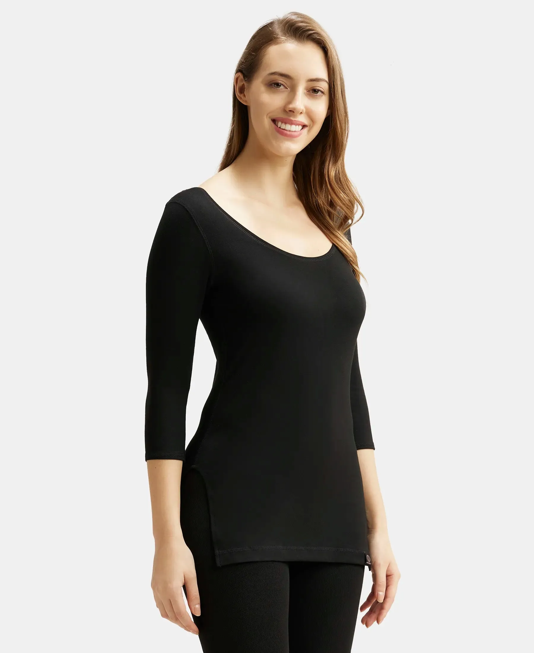 Soft Touch Microfiber Elastane Stretch Three Quarter Sleeve Thermal Top with StayWarm Technology - Black