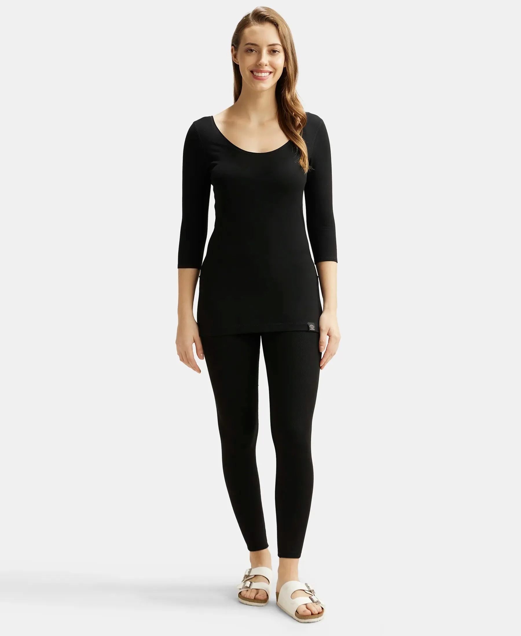 Soft Touch Microfiber Elastane Stretch Three Quarter Sleeve Thermal Top with StayWarm Technology - Black