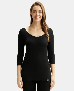 Soft Touch Microfiber Elastane Stretch Three Quarter Sleeve Thermal Top with StayWarm Technology - Black